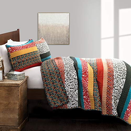 Lush Decor Boho Striped Reversible 3 Piece Quilt Bedding Set, Full-Queen, Turquoise & Tangerine: Home & Kitchen
