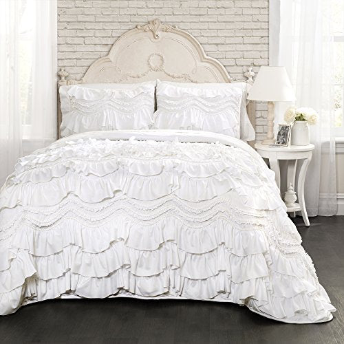 Lush Decor Kemmy Quilt-Ruffled Textured 3 Piece King Size Bedding Set, White: Home & Kitchen