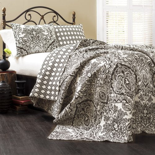 Lush Decor Aubree Quilt Paisley Damask Print Pattern Reversible 3 Piece Lightweight Bedding Blanket Bedspread Set, King, Black/White: Home & Kitchen