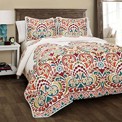 Lush Decor Clara Quilt 3 Piece Reversible Bedding Set King Turquoise and Tangerine: Home & Kitchen