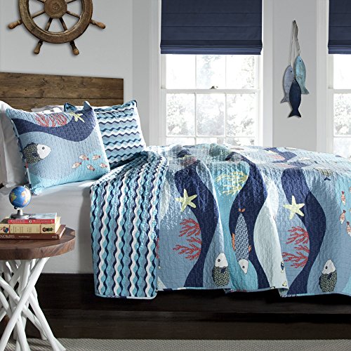 Lush Decor Sealife Fish Ocean Wave Reversible 3 Piece Quilt Bedding Set, Full/Queen, Blue: Home & Kitchen