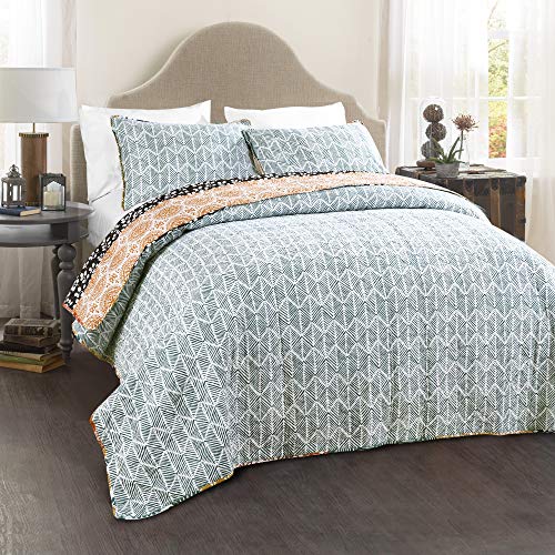 Lush Decor Bohemian Striped Quilt Reversible 3 Piece Bedding Set King Turquoise: Home & Kitchen