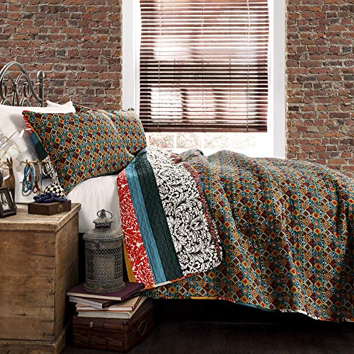 Lush Decor Boho Striped Reversible 3 Piece Quilt Bedding Set, Full-Queen, Turquoise & Tangerine: Home & Kitchen