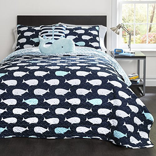 Lush Decor Whale Kids Reversible 4 Piece Quilt Bedding Set with Sham and Decorative Throw Pillows, Twin, Navy: Home & Kitchen