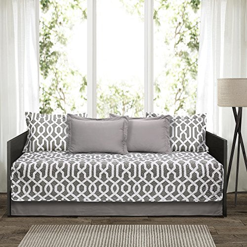 Lush Decor Edward Trellis Patterned 6 Piece Daybed Cover Set Includes Bed Skirt, Pillow Shams and Cases, 75" X 39", Gray and White: Home & Kitchen