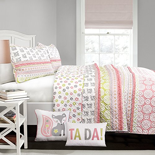 Lush Decor 5 Piece Fox Ruffle Stripe Quilt Set, Full/Queen, Pink/Gray: Home & Kitchen