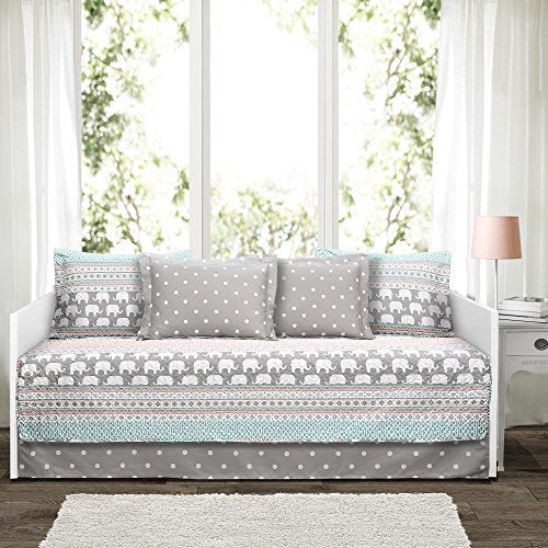 Lush Decor Elephant Stripe 6 Piece Daybed Cover Bedding Set Includes Bed Skirt, Pillow Shams and Cases 75" X 39", Turquoise and Pink: Home & Kitchen