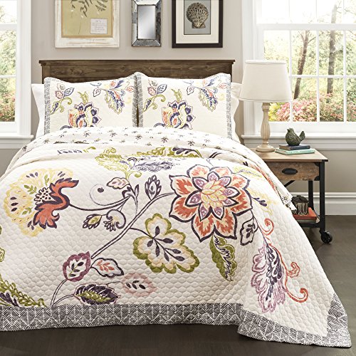 Lush Decor Aster Quilt Flower Pattern Reversible Coral and Navy 3 Piece Lightweight Bedding Set, King: Home & Kitchen
