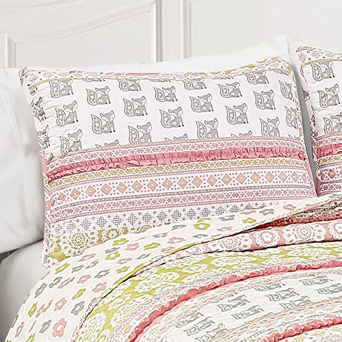 Lush Decor 5 Piece Fox Ruffle Stripe Quilt Set, Full/Queen, Pink/Gray: Home & Kitchen