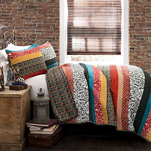 Lush Decor Boho Striped Reversible 3 Piece Quilt Bedding Set, Full-Queen, Turquoise & Tangerine: Home & Kitchen