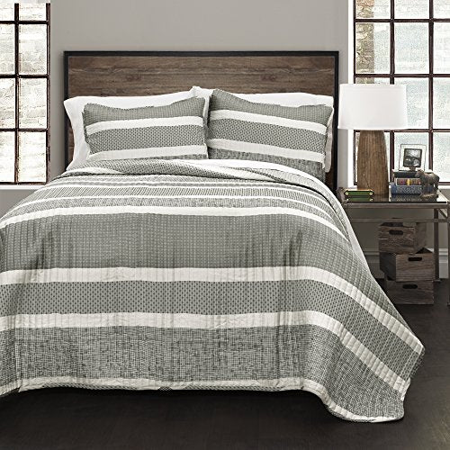 Lush Decor DÃ©cor Geometric Stripe 3 Piece Quilt Set, Full/Queen, Gray: Home & Kitchen