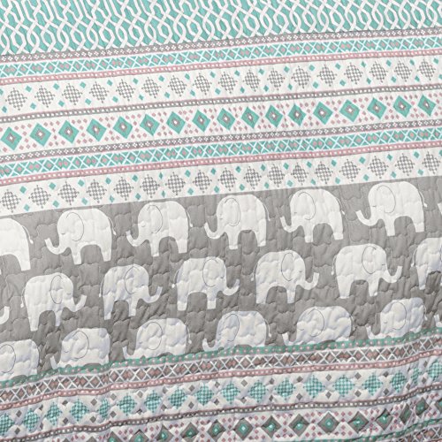 Lush Decor Elephant Striped Quilt Reversible 5 Piece Bedding Set, Full/Queen, Turquoise & Pink: Home & Kitchen