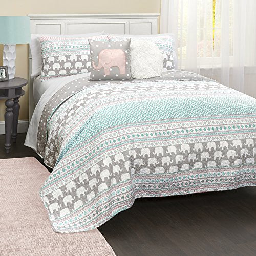 Lush Decor Elephant Striped Quilt Reversible 5 Piece Bedding Set, Full/Queen, Turquoise & Pink: Home & Kitchen