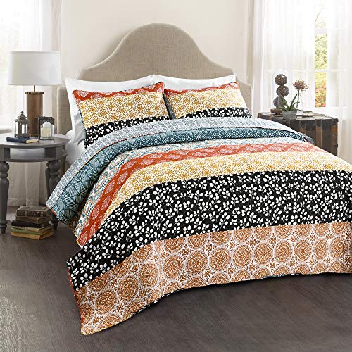 Lush Decor Bohemian Striped Quilt Reversible 3 Piece Bedding Set King Turquoise: Home & Kitchen