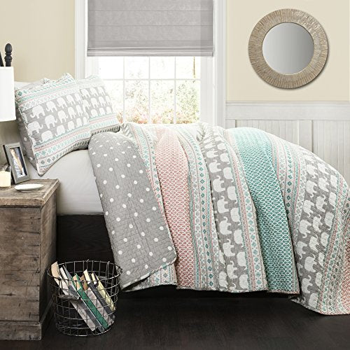 Lush Decor Elephant Striped Quilt Reversible 5 Piece Bedding Set, Full/Queen, Turquoise & Pink: Home & Kitchen
