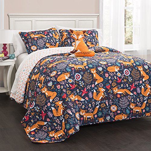 Lush Decor Pixie Fox Quilt Reversible 4 Piece Bedding Set-Navy-Full/Queen: Home & Kitchen