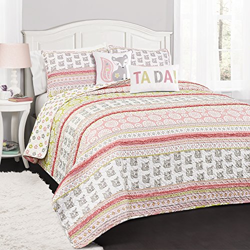 Lush Decor 5 Piece Fox Ruffle Stripe Quilt Set, Full/Queen, Pink/Gray: Home & Kitchen