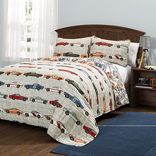 Lush Decor Race Cars 3 Piece Reversible Quilt Bedding Set, Full/Queen, Blue and Orange: Home & Kitchen